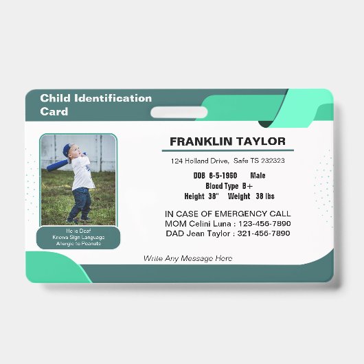 Child Photo Emergency ID Identification Kaart Badg Badge (Voorzijde)