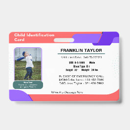 Child Photo Emergency ID Identification Kaart Badg Badge