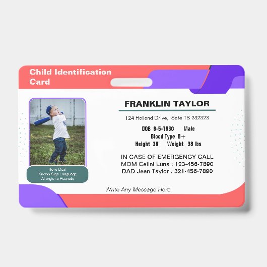 Child Photo Emergency ID Identification Kaart Badg Badge (Voorzijde)