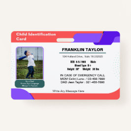 Child Photo Emergency ID Identification Kaart Badg Badge
