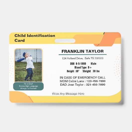 Child Photo Emergency ID Identification Kaart Badg Badge (Voorzijde)