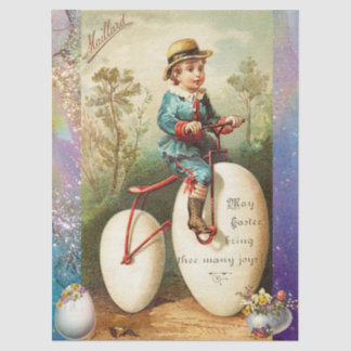CHILD WITH EASTER EGG BIKE AND COLORFUL FLOWERS TISSUEPAPIER