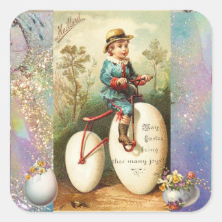 CHILD WITH EASTER EGG BIKE AND COLORFUL FLOWERS VIERKANTE STICKER