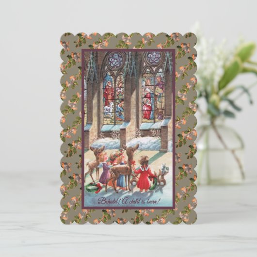 Children At The Church Window Christmas Feestdagenkaart (Staand voorkant)