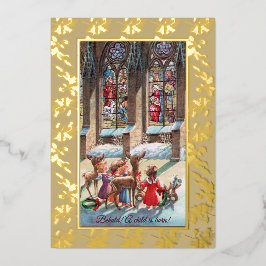 Children at the Church Window Foil Christmas Card Folie Feestdagenkaart