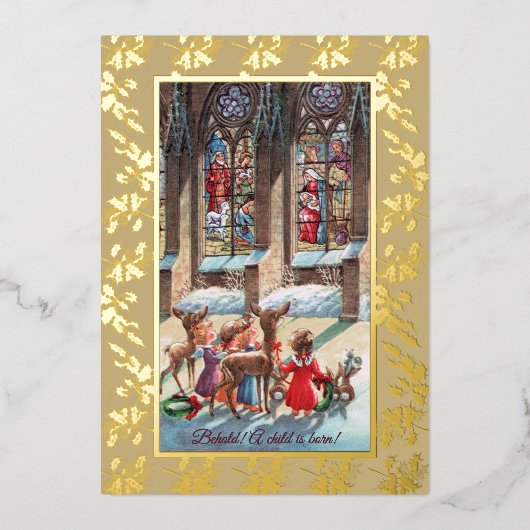 Children at the Church Window Foil Christmas Card Folie Feestdagenkaart (Voorkant)