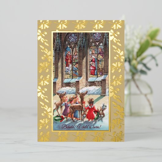Children at the Church Window Foil Christmas Card Folie Feestdagenkaart (Staand Voorkant)
