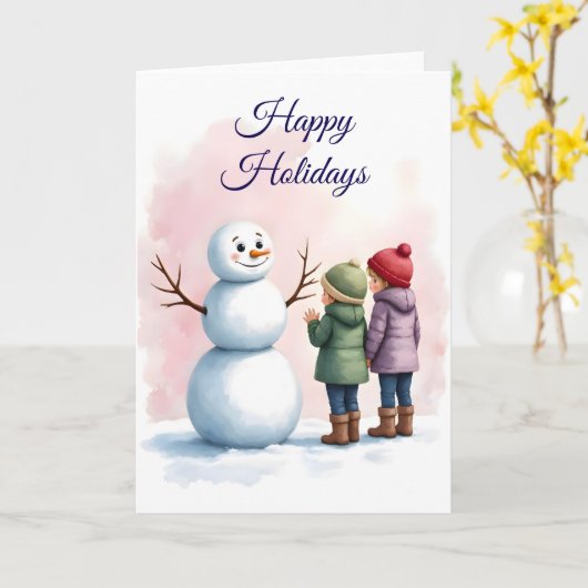 Children Building Snowman Winter Scene Blank  Kaart (Gele Bloem)