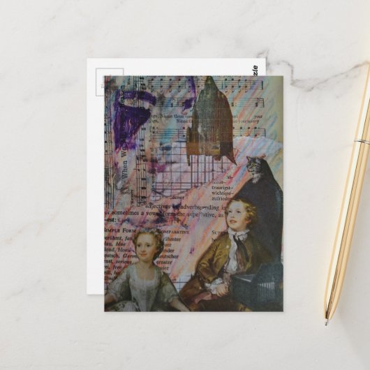 children dance cat bird cage sheet music collage briefkaart (Voorkant / Achterkant in situ)