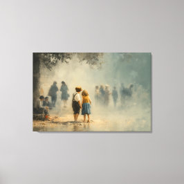 Children in Misty Street Impressionist Scene Canvas Afdruk