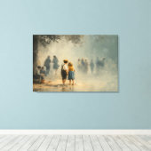 Children in Misty Street Impressionist Scene Canvas Afdruk (Insitu (Houten vloer))