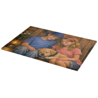 Children with Sleeping Puppy Glass Cutting Board Snijplank