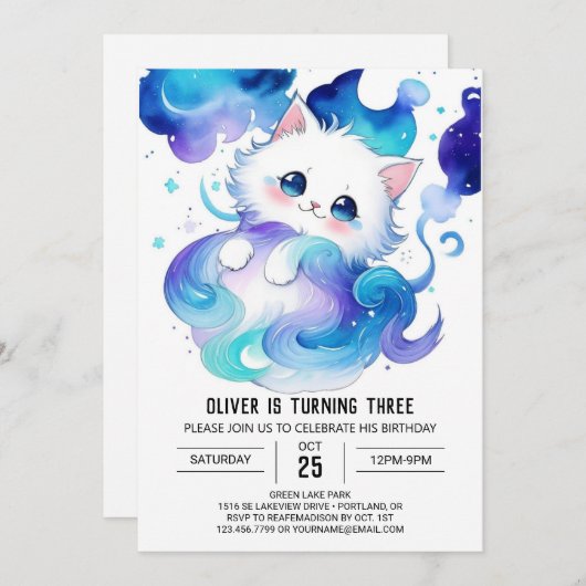 Children's Cat bewerkbare verjaardag Kaart (Voorkant / Achterkant)