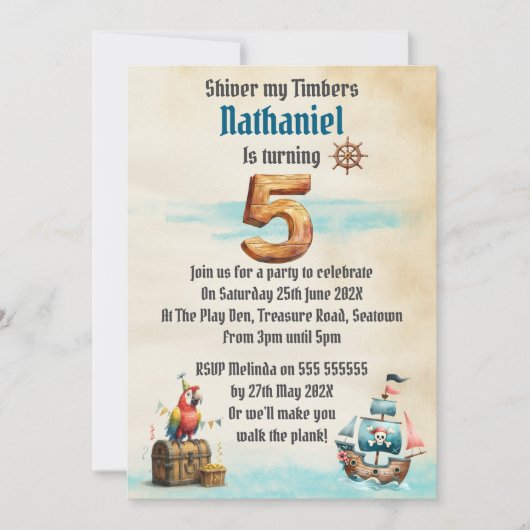 Childrens Pirate Themed Birthday Party Invitation Kaart (Voorkant)