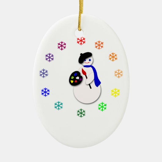 Childrens Snowman Artist w Snowflake Colorrad Keramisch Ornament (Voorkant)
