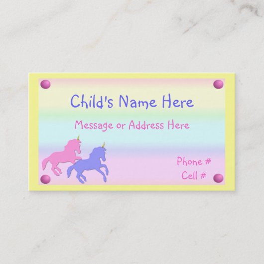 Childrens Unicorn Calling Card Contactkaartje (Voorkant)