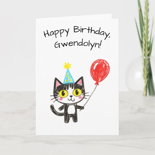 Child's Art Style Tuxedo Cat Birthday Kaart (Voorkant)