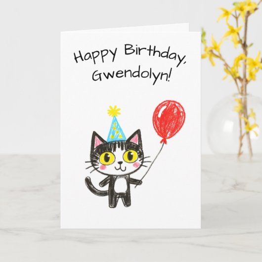 Child's Art Style Tuxedo Cat Birthday Kaart (Gele Bloem)