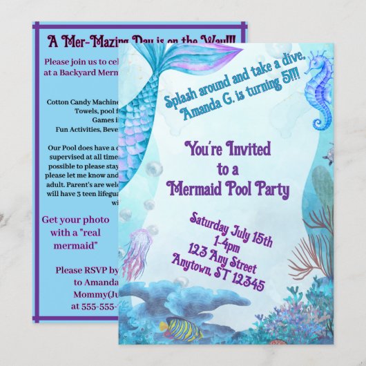 Child's Mermaid Birthday Double Sided Invitation Kaart (Voorkant / Achterkant)