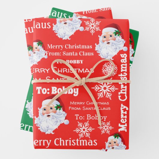 Child's Name Santa Christmas Red & Green 3 Gift Inpakpapier Vel (In situ)