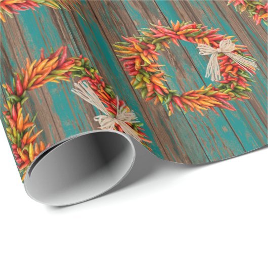 Chile Pepper Wreaths on Rustic Wood Pattern Cadeaupapier (Rol Hoek)