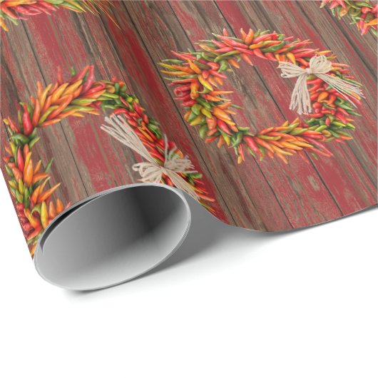 Chile Pepper Wreaths on Rustic Wood Pattern Cadeaupapier (Rol Hoek)