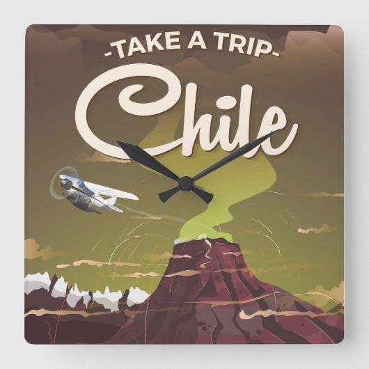 Chile vulkaan vintage reisposter vierkante klok (Voorkant)