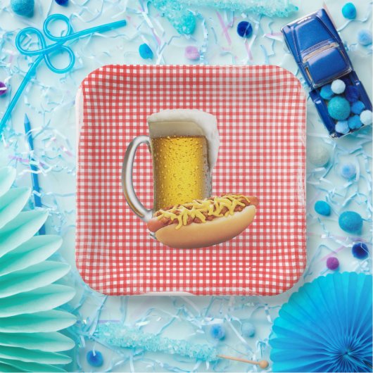 Chili Hot Dog en Bier Op Gingham Papieren Bordje (Feest)