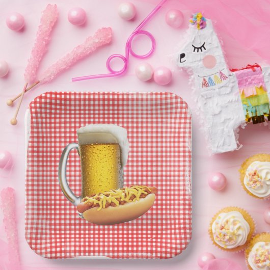 Chili Hot Dog en Bier Op Gingham Papieren Bordje (Feest)