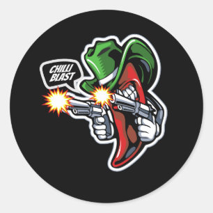 chili-peper-mascotte-met-pistool-hand-illustratie- ronde sticker