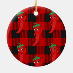 Chili Pepper Buffalo Speelde Patroon Zwart en Rood Keramisch Ornament