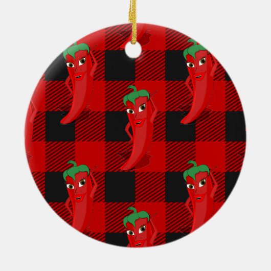 Chili Pepper Buffalo Speelde Patroon Zwart en Rood Keramisch Ornament (Achterkant)