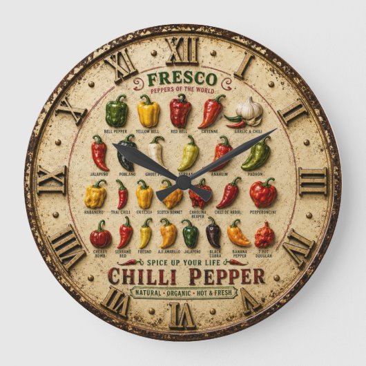 Chili Pepper Kitchen Rustic Farmhouse Chef Gift Grote Klok (Voorkant)