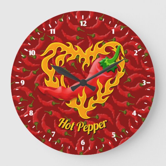 Chili Pepper met Flame Heart Large Clock Grote Klok (Voorkant)