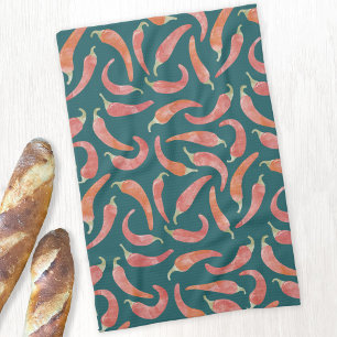 Chili Pepper Red Blauwgroen Groene Waterverf Kunst Theedoek