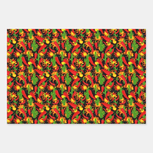 Chili Peppers, Cactus en vlammen Crazy Patterned Inpakpapier Vel (Voorkant 3)