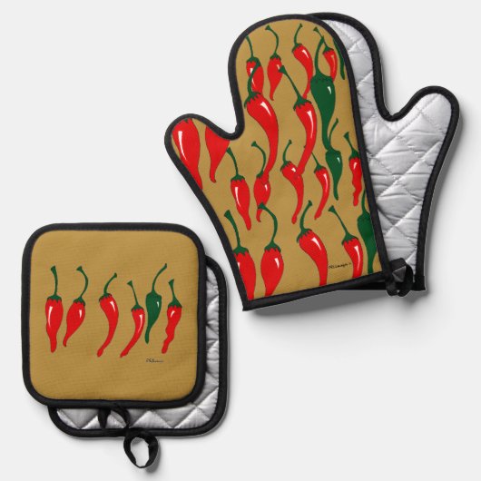 Chili Peppers Oven Mitt and Pot Holders Ovenwant & Pannenlap Set (Voorkant / Achterkant)