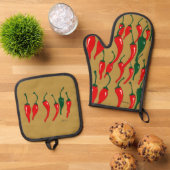 Chili Peppers Oven Mitt and Pot Holders Ovenwant & Pannenlap Set (Top down)