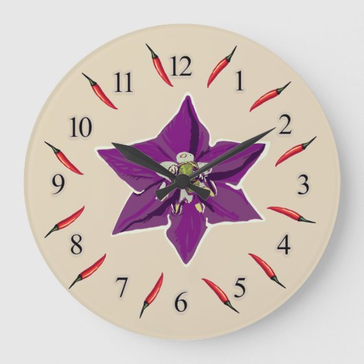 Chili Peppers Paarse Blossom Wall Clock Grote Klok (Voorkant)