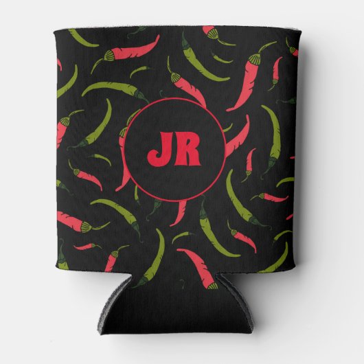 Chili Peppers Patroon Foody Monogram Zwart Blikjeskoeler (Voorkant)