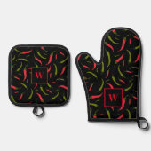 Chili Peppers Patterned Monogram Ovenwant & Pannenlap Set (Voorkant)