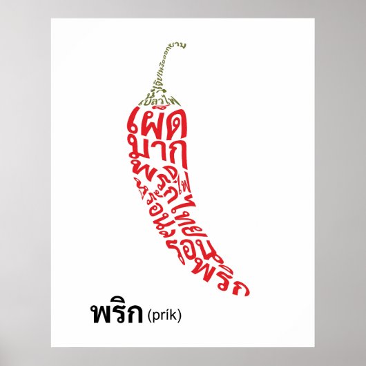 Chili Shape Thai Script Spicy Food Word Art Poster (Voorkant)