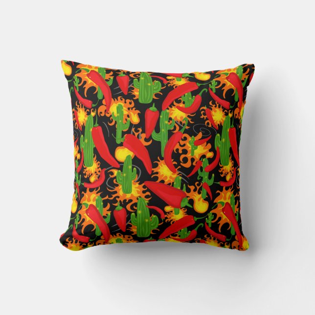 Chilipepers, Cactus en Vlammen Pret Kussen (Voorkant)