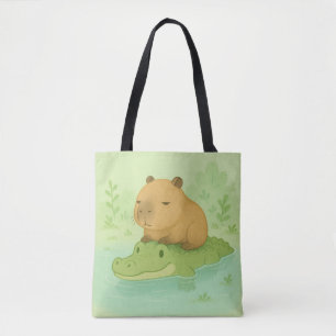 Chill Brown Capybara over groene krokodil in natuu Tote Bag
