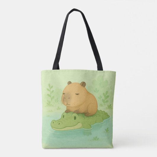 Chill Brown Capybara over groene krokodil in natuu Tote Bag (Achterkant)