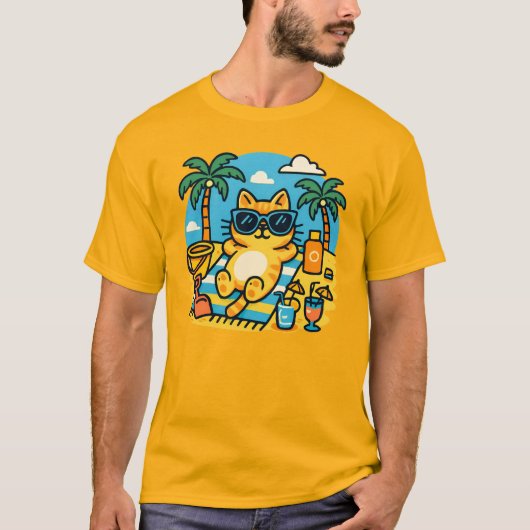 Chill Cat Beach Day Cartoon T-Shirt-Fun Summer Tee T-shirt (Voorkant)