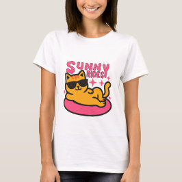 Chill cat cartoon op floatie in zonnige stemming t-shirt