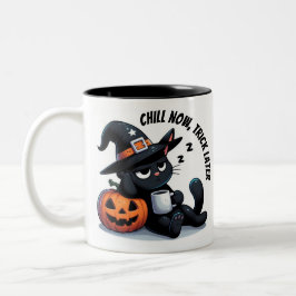 Chill Now - Trick Later Cat & Pumpkin | Halloween  Tweekleurige Koffiemok