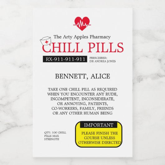 chill pills verpleegkundige afstuderen COOKIE JAR  Voedselcontainer Etiket (Enkel label)
