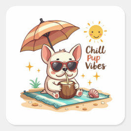Chill Pup Vibes Kawaii Bulldog Beach Vierkante Sticker